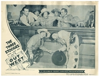 Complete Set of 4 Lobby Cards for the 1947 Three Stooges Film ''Out West'' -- Each Measures 14'' x 11'' -- Mild Toning, Creasing & Wear, With Some Moisture Exposure to Tops; Very Good Condition